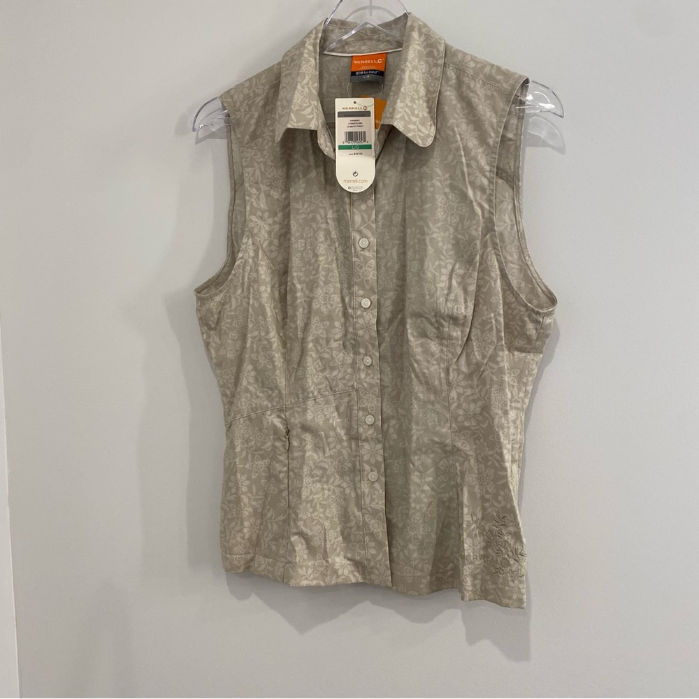 Merrell Bio Blend Hannah Button Down Sleeveless Women’s L Tan Print Shirt